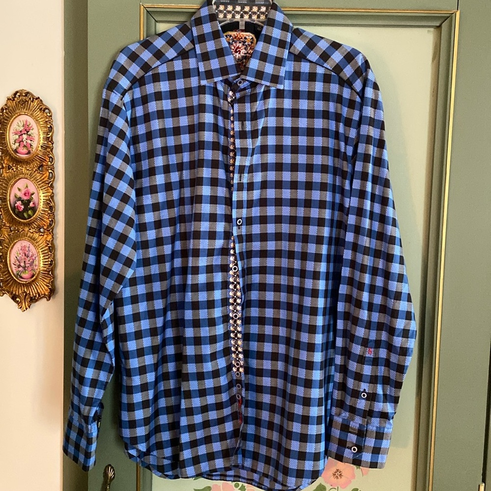 ROBERT GRAHAM Long Sleeve Dress Shirt with FLOWERED CUFF DETAIL Size L